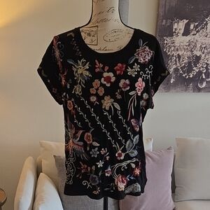 Johnny Was Black Top with Multicolor Floral Embroidery